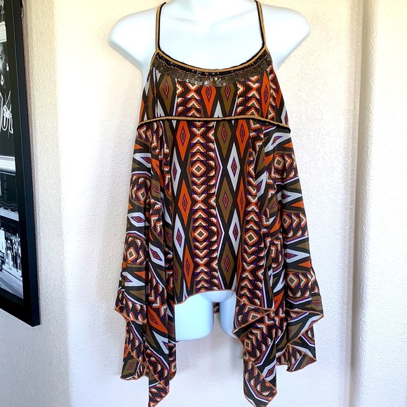 No Brand Tops - BOHO top, beads/sequins, fancy trim, spaghetti straps, rag hem, side zip. M EUC